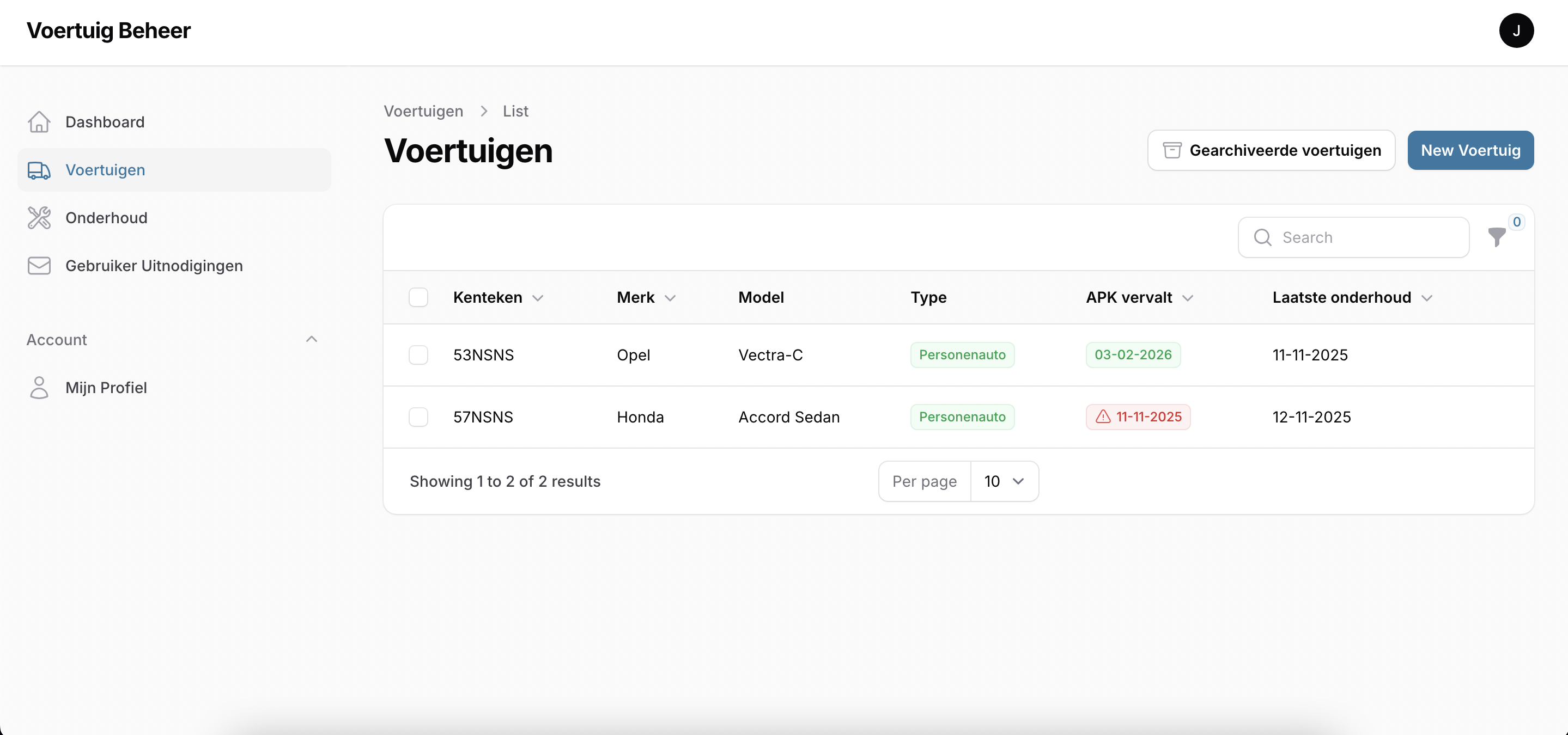 Voertuigen overzicht dashboard